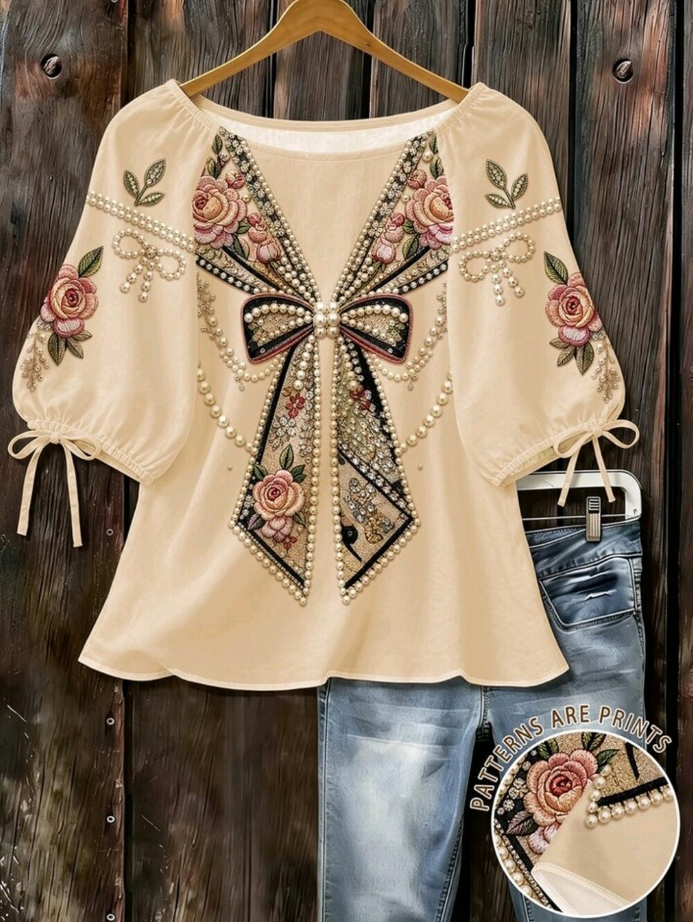 Pearl-Embellished Floral Bow Peasant Blouse - Cream
